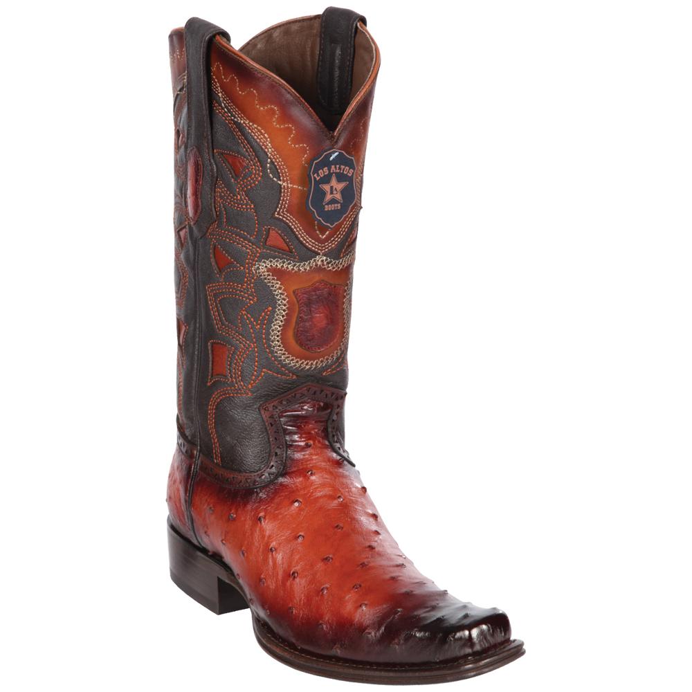 Los Altos Boots Mens #760357 European Square Toe | Genuine Full Quill Ostrich Boots | Color Faded Cognac