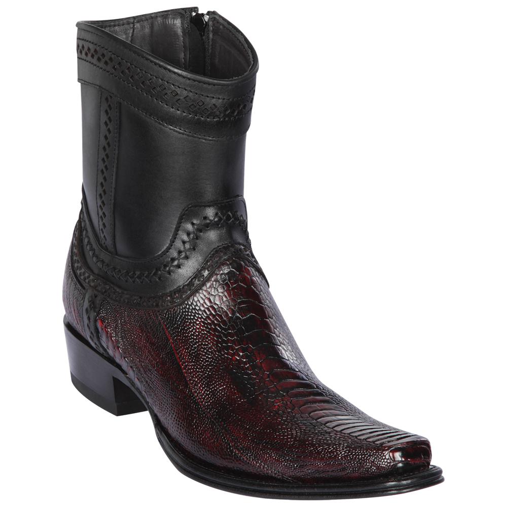 Los Altos Boots Mens #76B0518 Low Shaft European Square Toe | Genuine Ostrich Leg Leather Boots | Color Black Cherry