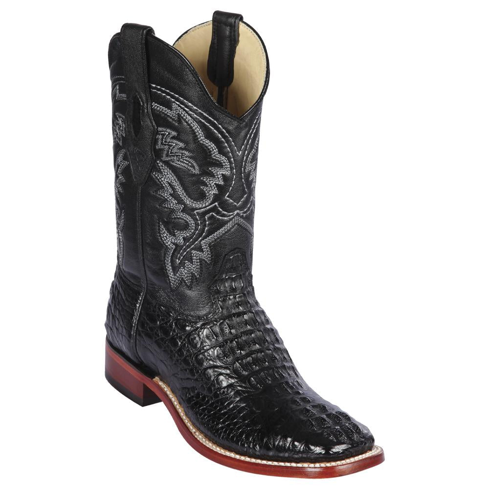 Los Altos Boots Mens #8220205 Wide Square Toe | Genuine Caiman Hornback Leather Boots | Color Black