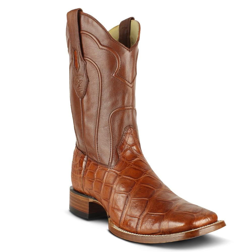 Los Altos Boots Mens #8225803 Wide Square Toe | Genuine  American Alligator skin Boots | Color Cognac