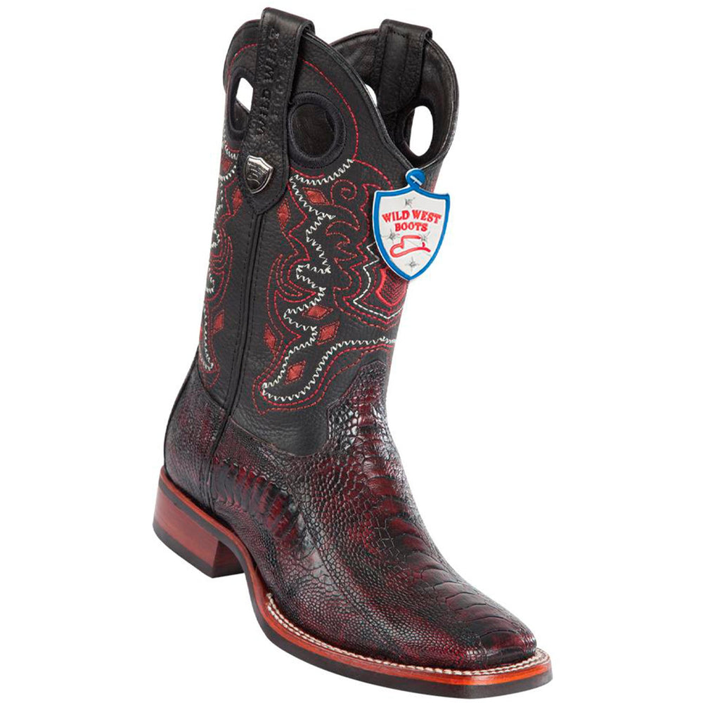 Wild West Boots #28250518 Men's | Color Black Cherry | Men's Wild West Ostrich Leg Wide Square Toe Rubber Sole Boots