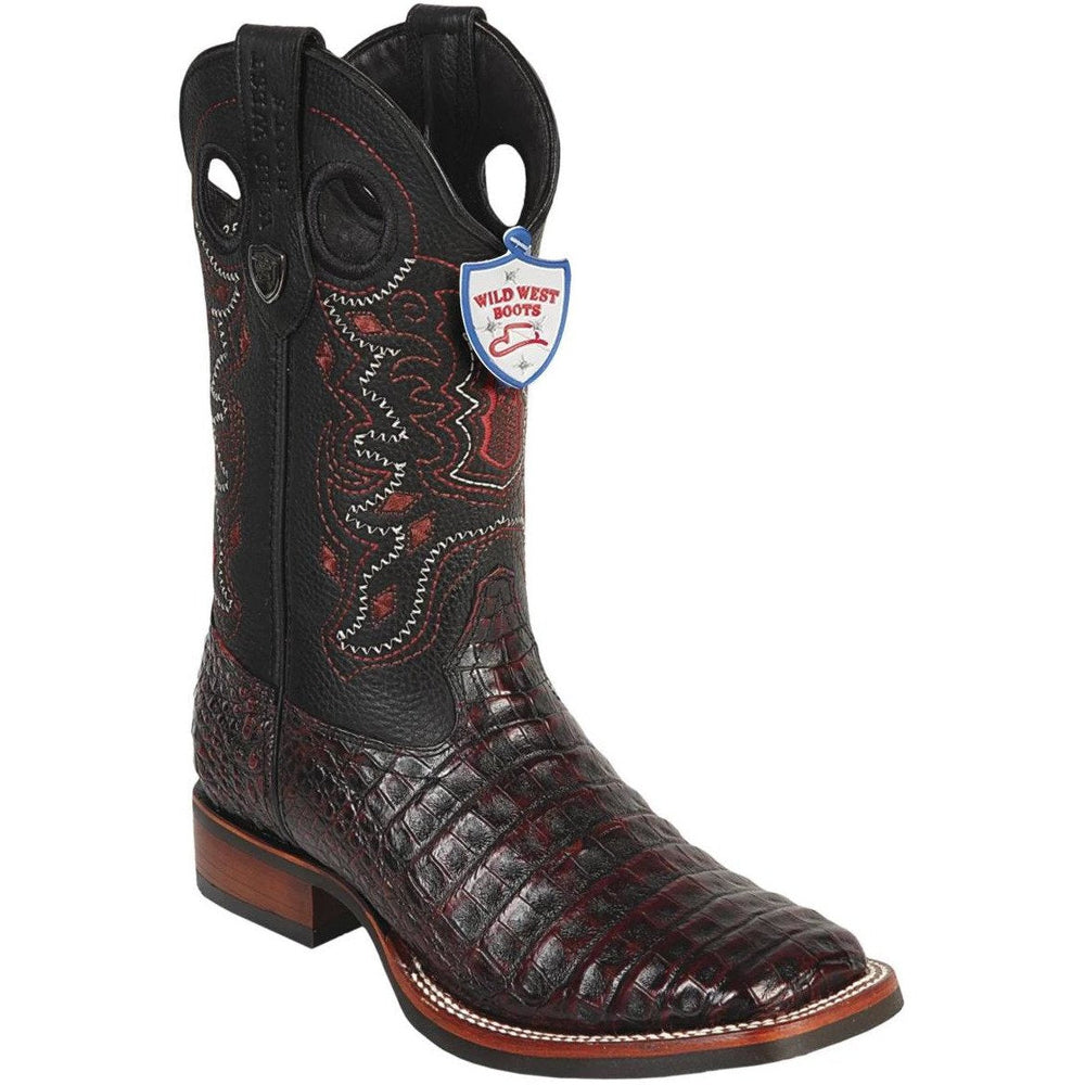 Wild West Boots #28258218 Men's | Color Black Cherry | Men's Wild West Caiman Belly Boots Wide Square Toe Rubber Sole Handcrafted