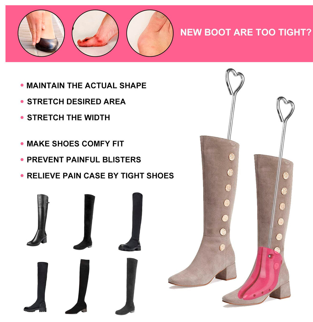 
                  
                    Miserwe Boot Stretcher with Boot Shaper Stands Professional One Way Shoe Stretcher for Boots Stretch Boot’s Width for Women
                  
                